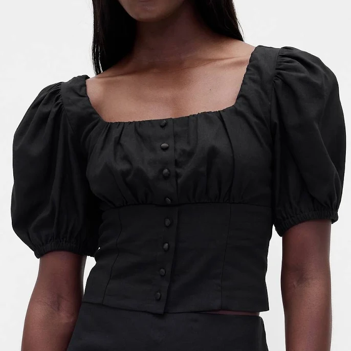 Gap Women's Linen-Blend Puff-Sleeve Crop Corset Top — Bridgerton-inspired regencycore look