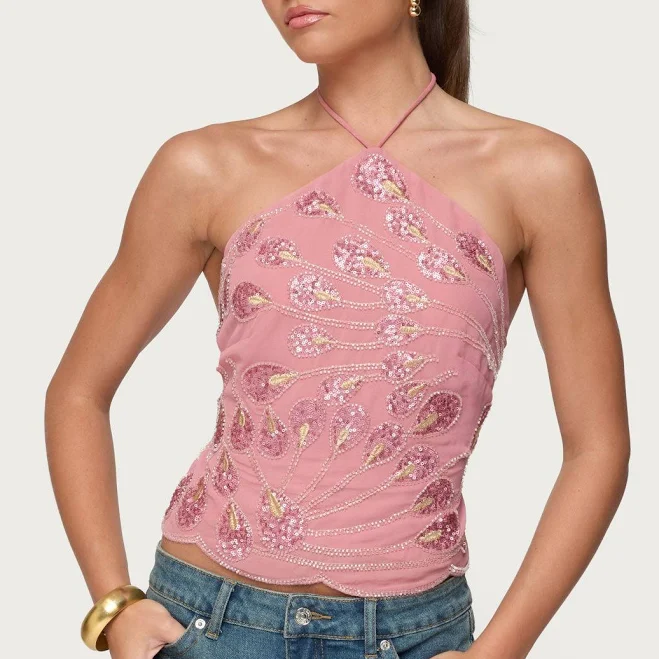 Edikted Women's Embroidered Bead & Sequin Halter Top — early 2000s fashion outfit