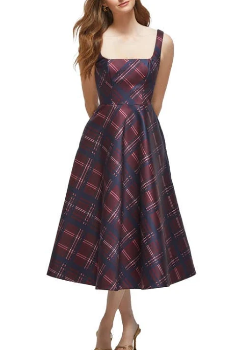 Dessy Collection Women's Square Neck Alba Tartan Satin Midi Cocktail Dress