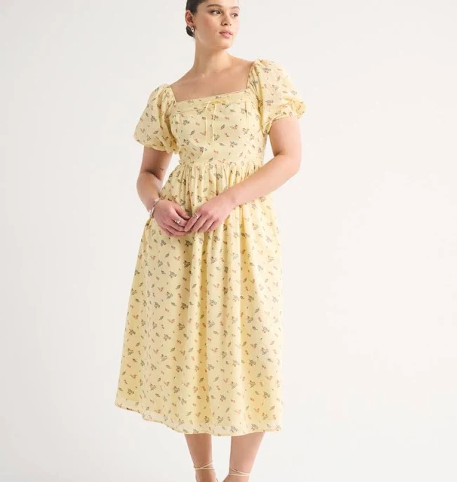 Women's Abercrombie & Fitch Emerson floral midi dress with puff sleeves in black/white