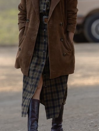 Zoe Macon's olive plaid shirt dress