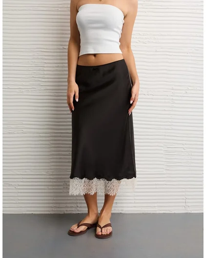 AE Satin Lace Hem Slip Midi Skirt