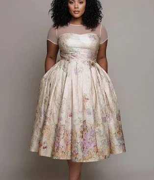 xpluswear Plus Size Round Neck Cap Sleeve Floral Midi Dress with Pockets