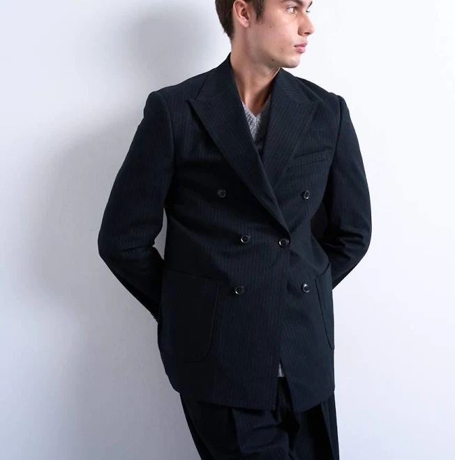 Topman wool look striped double breasted blazer in navy