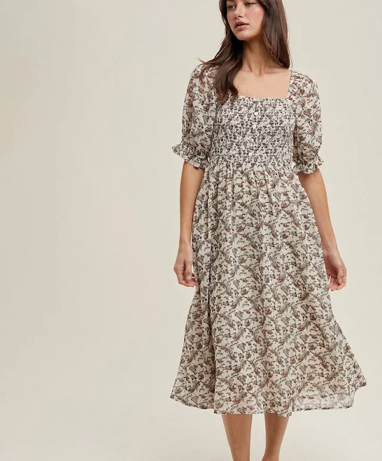 Cream Floral Smocked Puff Sleeve Midi Dress