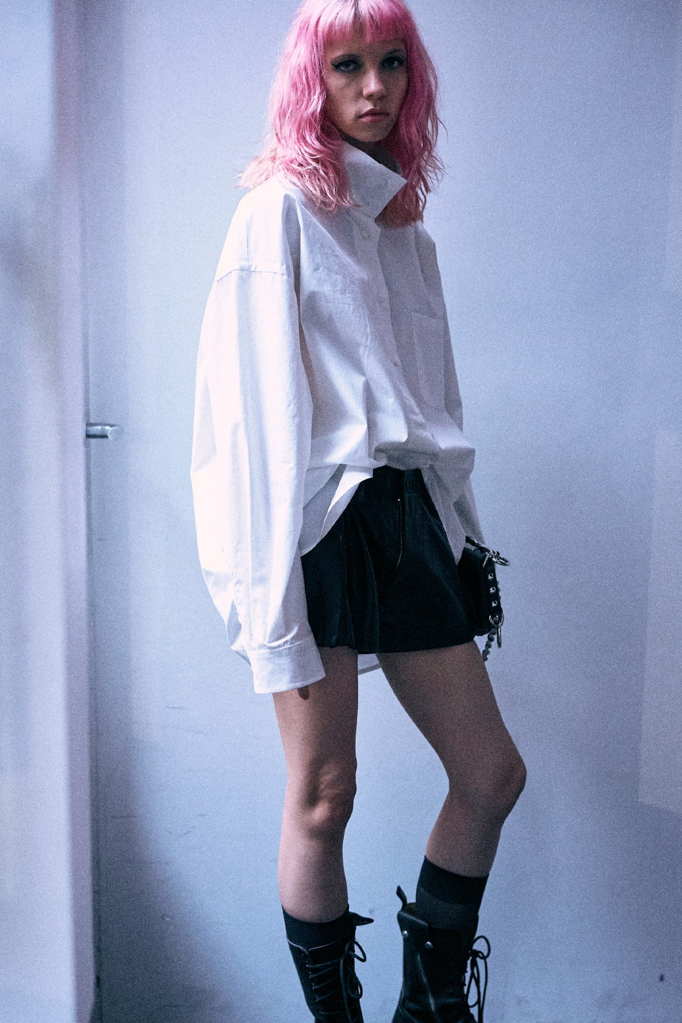 R13 Tall Collar Boyfriend Button Up Shirt - White / XS
