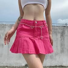Pink Denim Pleated Skirts Mini Solid Casual Women's Fashion ...