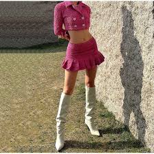 Pink Tweed Two-Piece Set with Double-Breasted Short Jacket ...